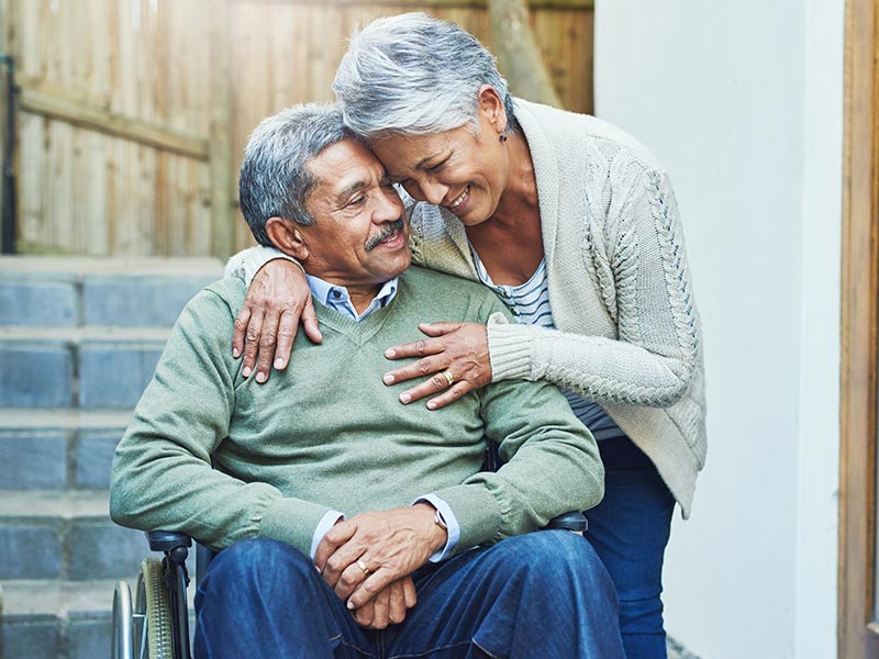 Loving senior couple discussing couples aging in together